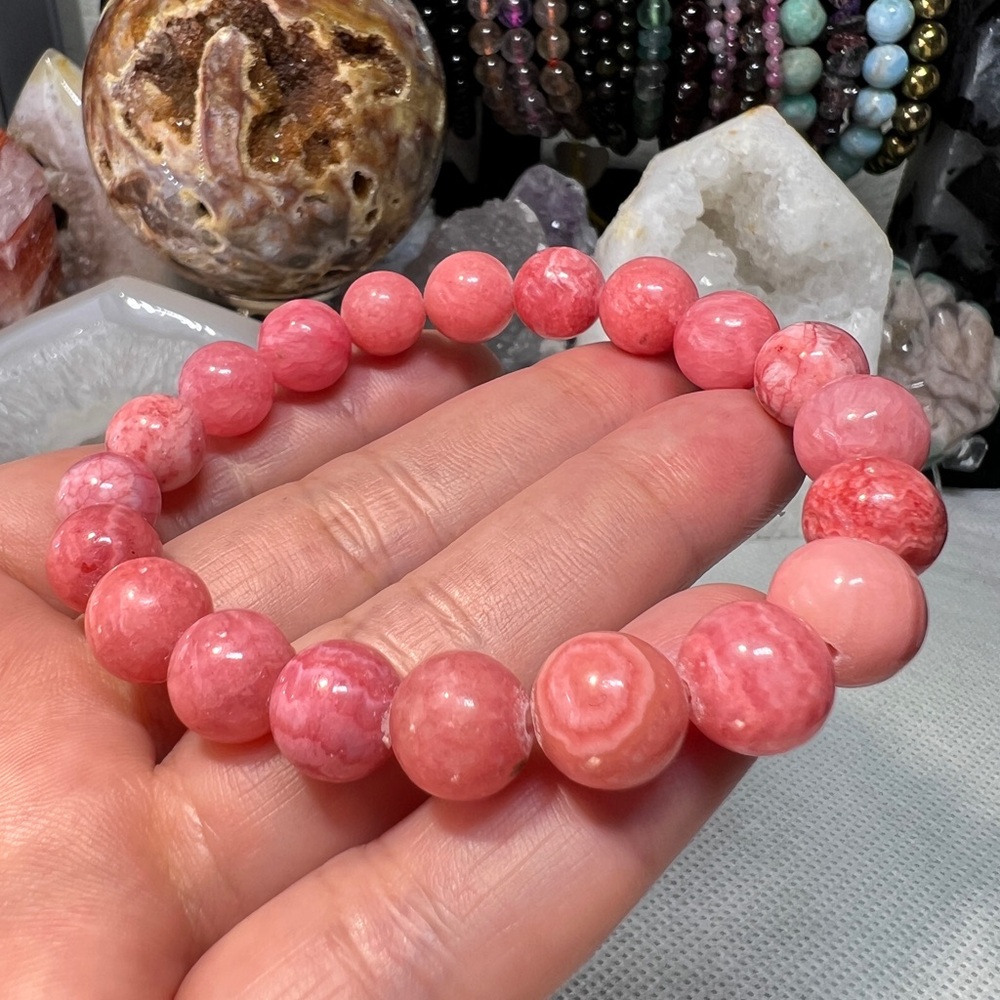 10MM Rhodochrosite Beaded Bracelet 6.76” Natural Pink Crystal Quartz Love Stone - Picture 5 of 12